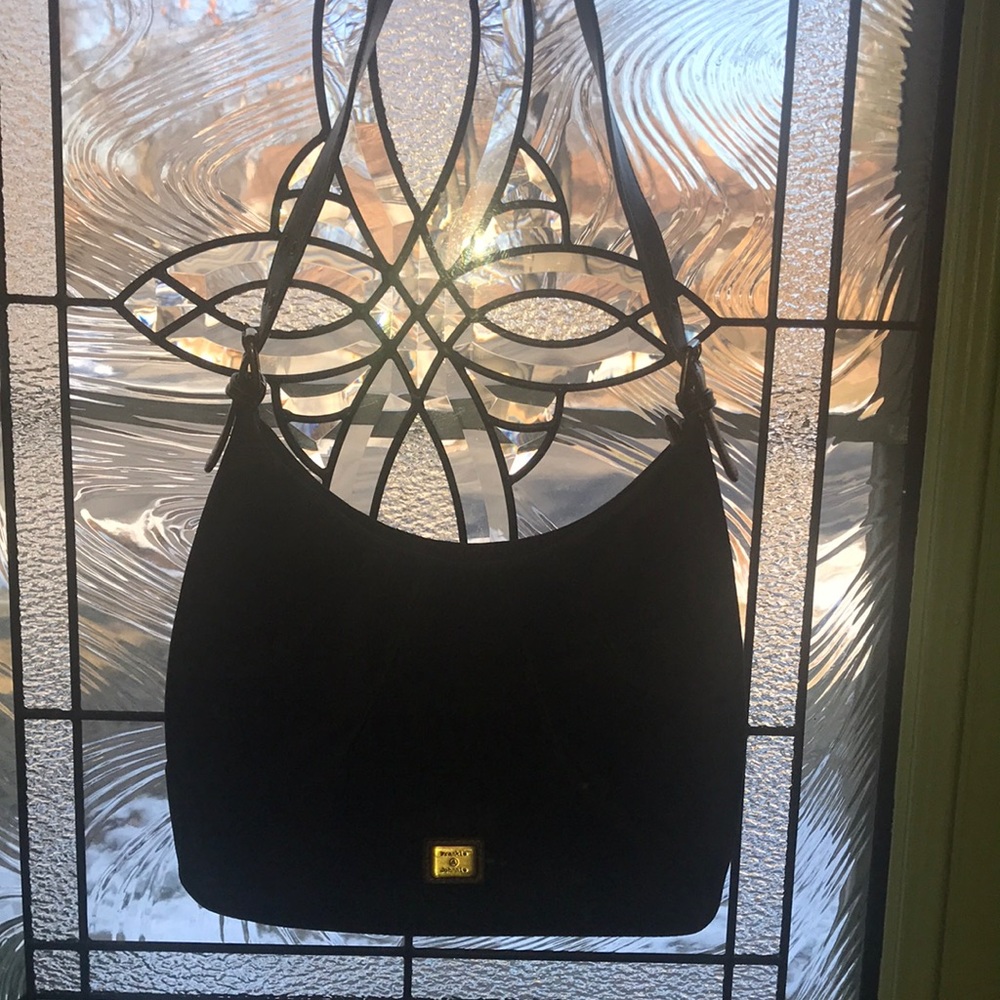 VINTAGE Frankie & Johnnie black canvas polyester purse w gorgeous metal emblem.